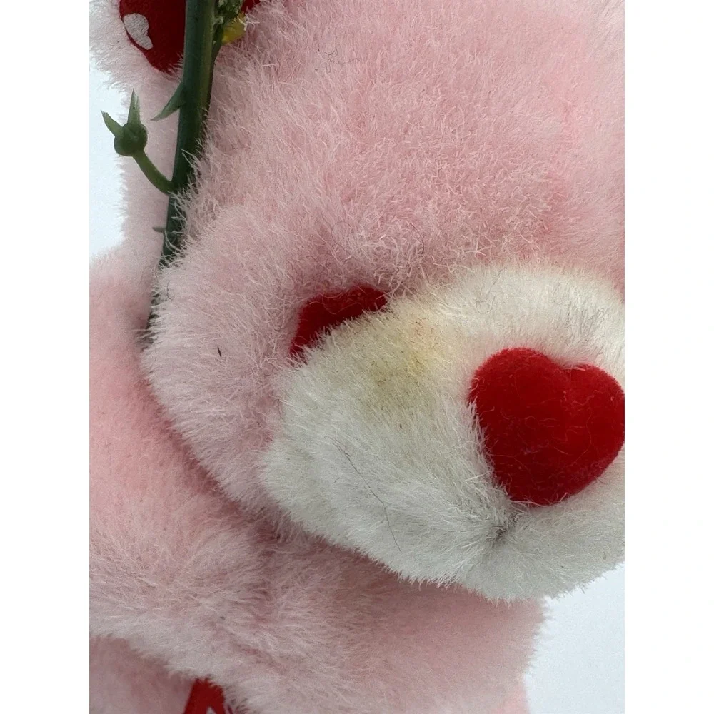 Vintage Pink Stuffed Bear Holding I Love You Rose